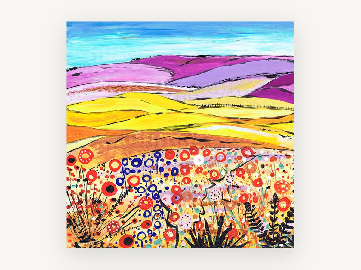 Lilac Hills Poppy Meadow, colourful rolling hills poppy field painting, landscape canvas wall art print, front view