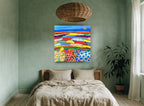 Patchwork Poppy Fields landscape canvas print on the wall of a bedroom