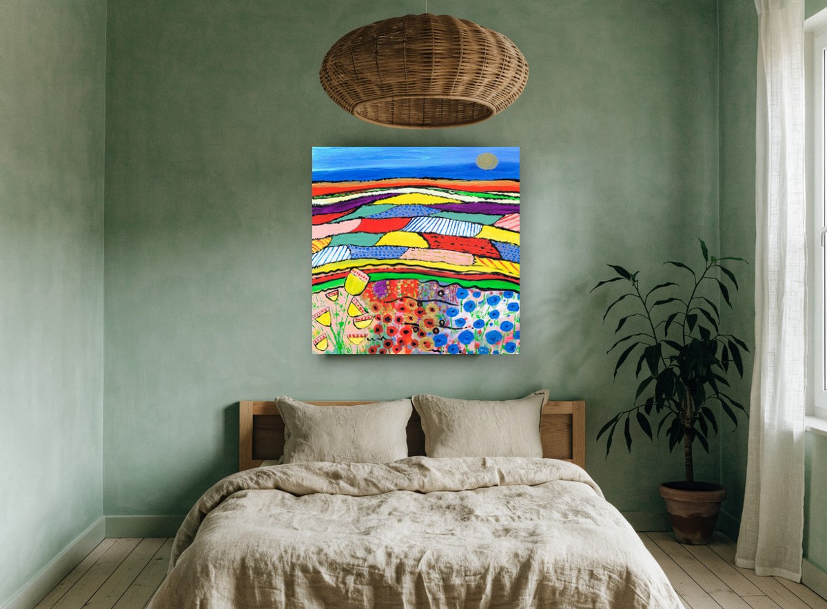 Patchwork Poppy Fields landscape canvas print on the wall of a bedroom