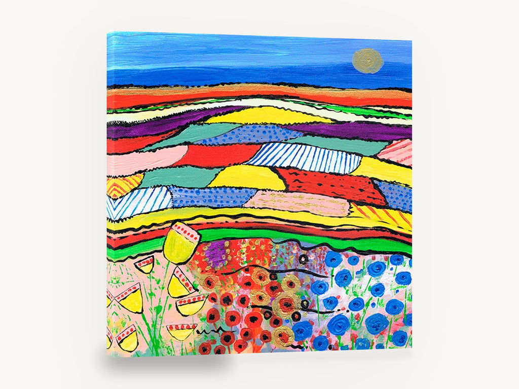 Patchwork Poppy Fields, colourful patchwork fields painting style landscape, landscape canvas wall art print ready to hang