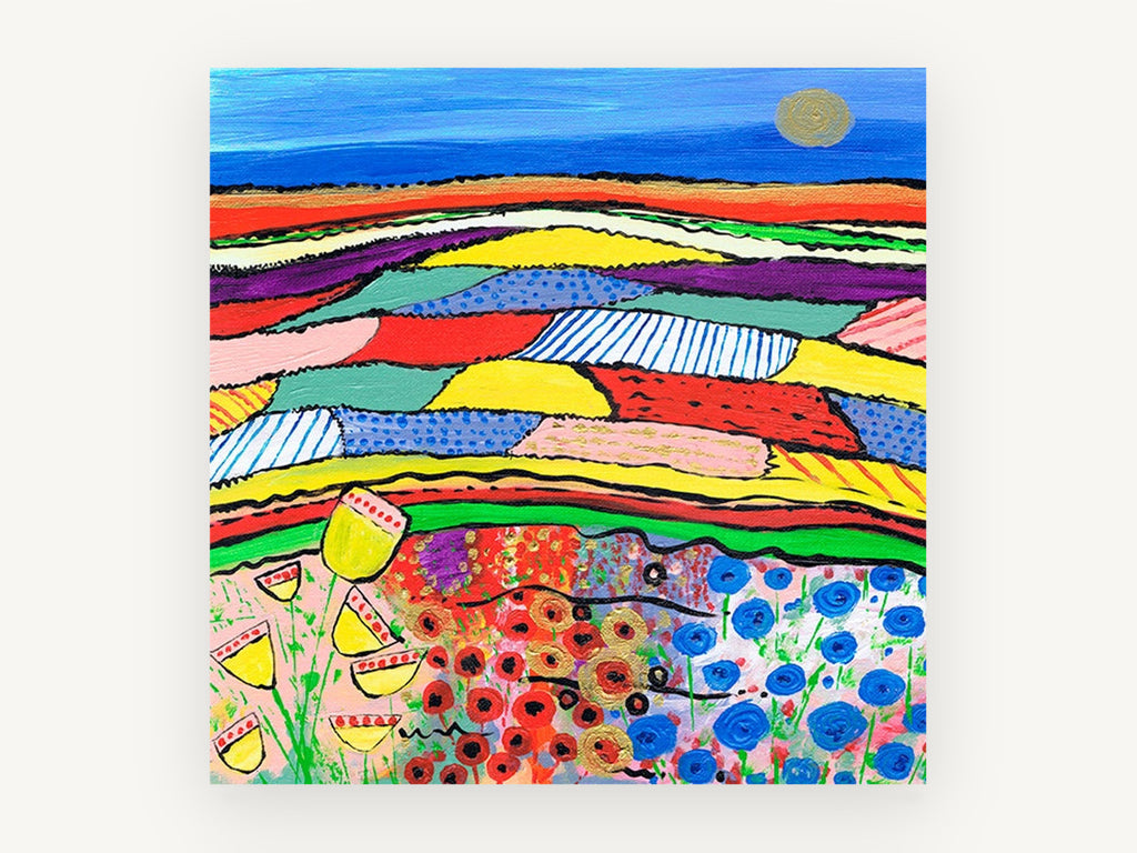 Patchwork Poppy Fields, colourful patchwork fields painting style landscape, landscape canvas wall art print, front view