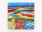Patchwork Poppy Fields, colourful patchwork fields painting style landscape, landscape canvas wall art print, front view
