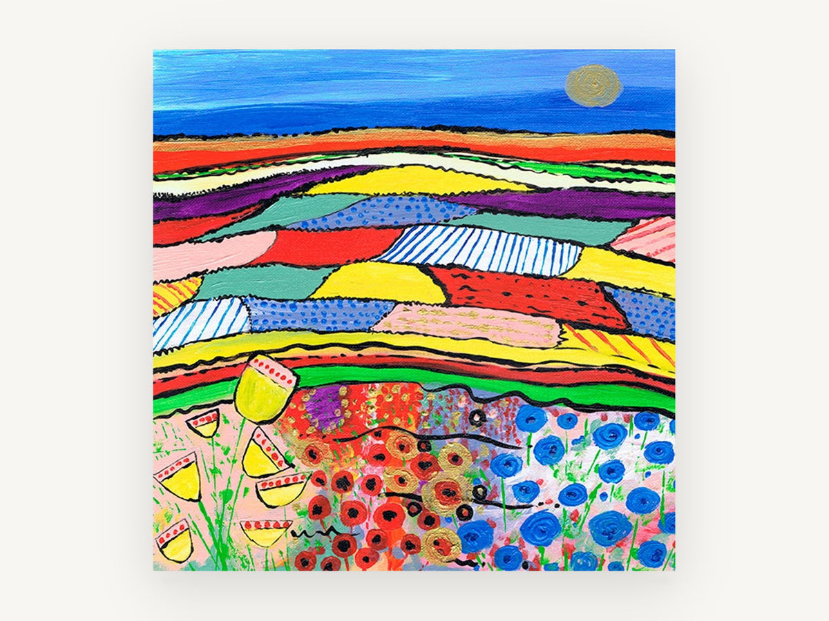 Patchwork Poppy Fields, colourful patchwork fields painting style landscape, landscape canvas wall art print, front view