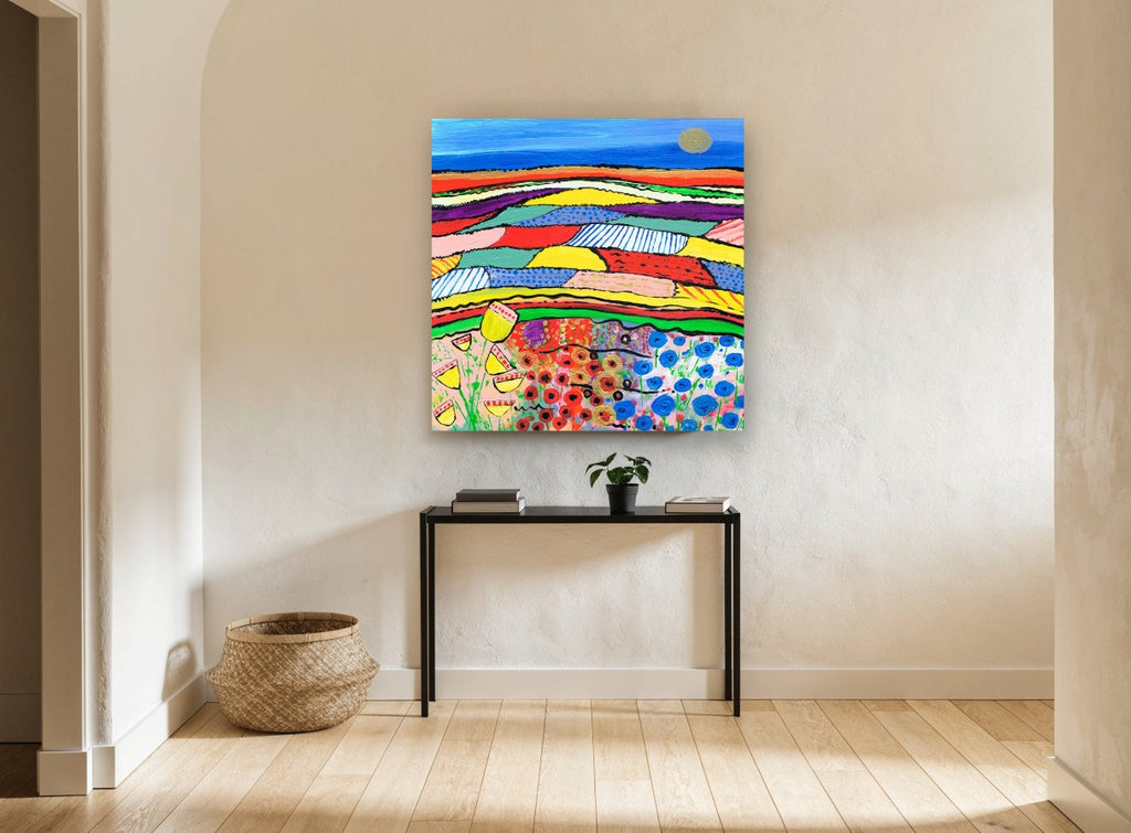 Patchwork Poppy Fields landscape canvas print on the wall of a hallway