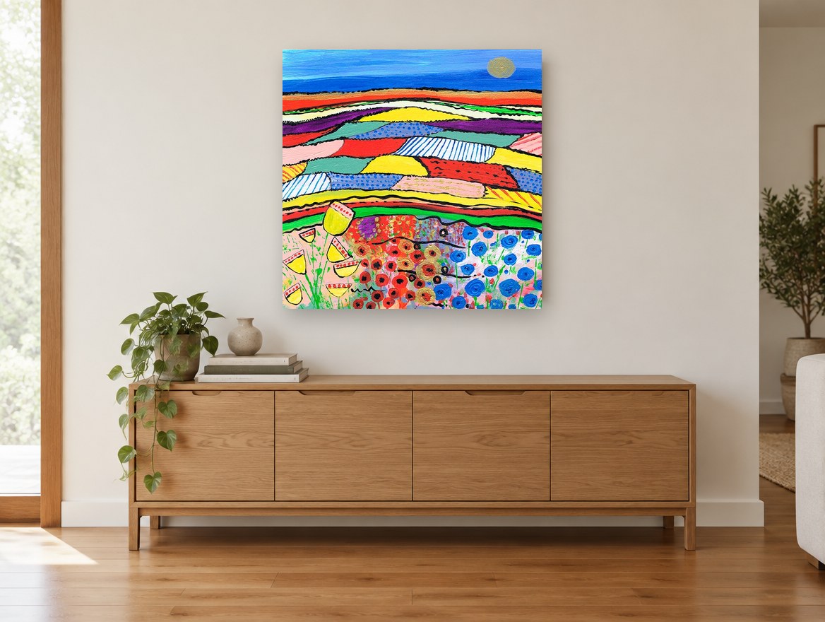 Patchwork Poppy Fields landscape canvas print on the wall of a living room above a sideboard