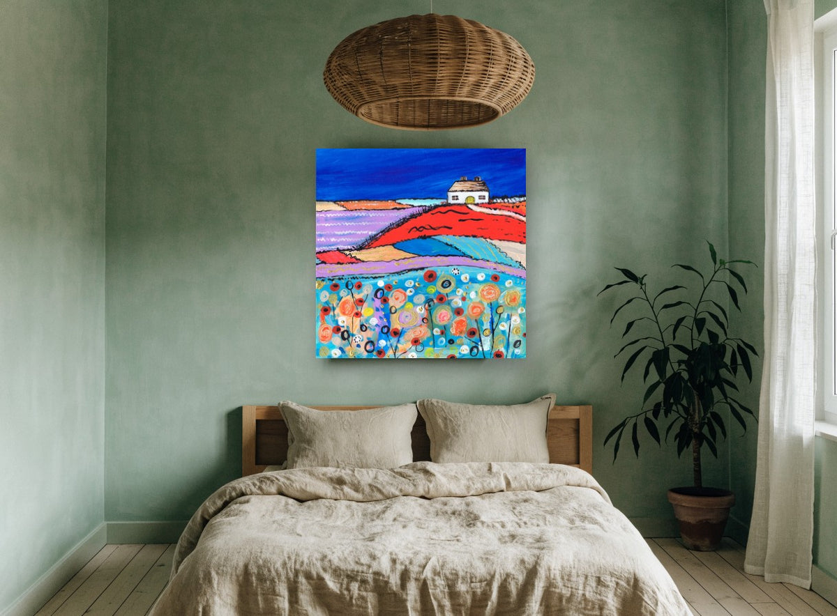 Cottage on the Red Hill landscape canvas print on the wall of a bedroom