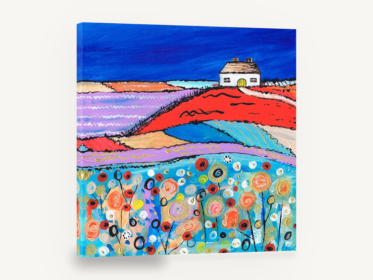 Cottage on the Red Hill, colourful farmhouse countryside folk art, landscape canvas wall art print ready to hang