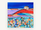 Cottage on the Red Hill, colourful farmhouse countryside folk art, landscape canvas wall art print, front view