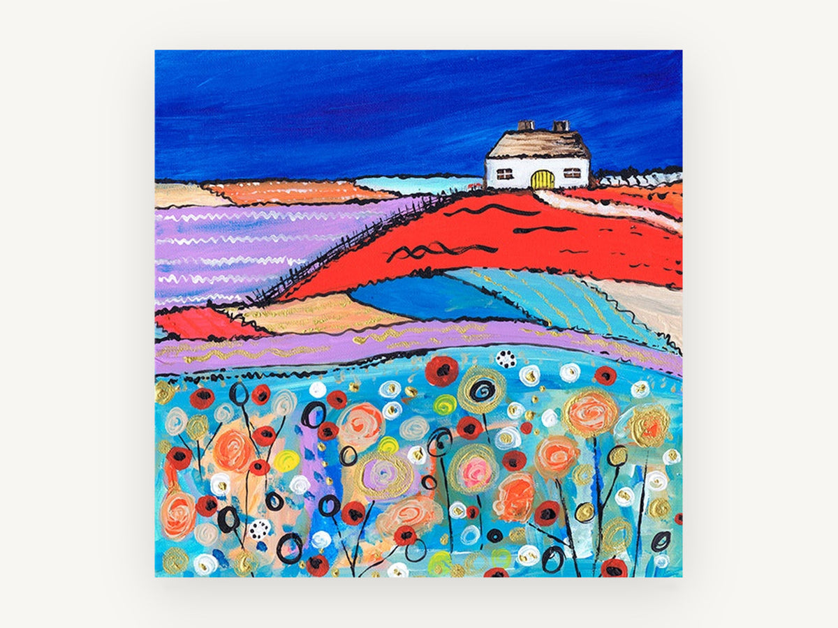 Cottage on the Red Hill, colourful farmhouse countryside folk art, landscape canvas wall art print, front view