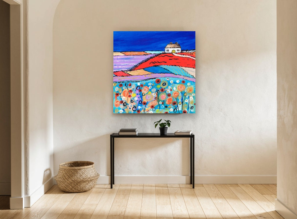 Cottage on the Red Hill landscape canvas print on the wall of a hallway
