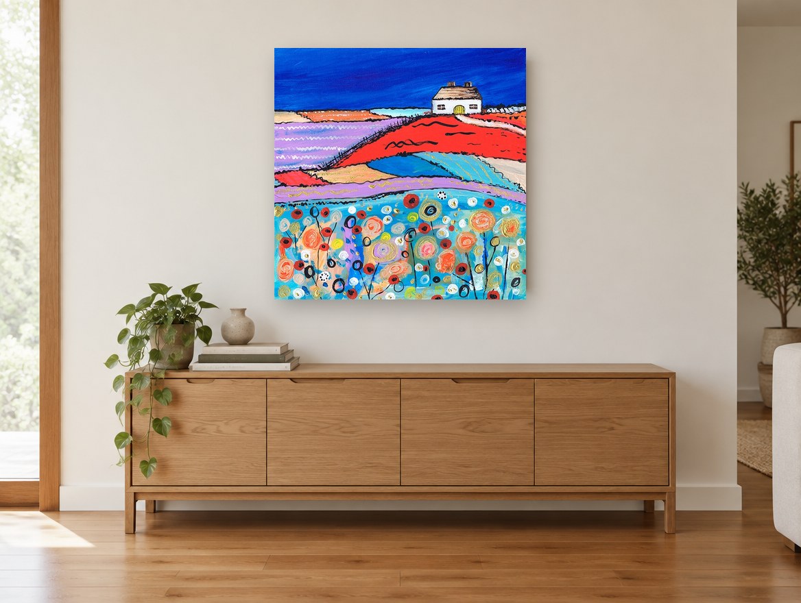 Cottage on the Red Hill landscape canvas print on the wall of a living room above a sideboard