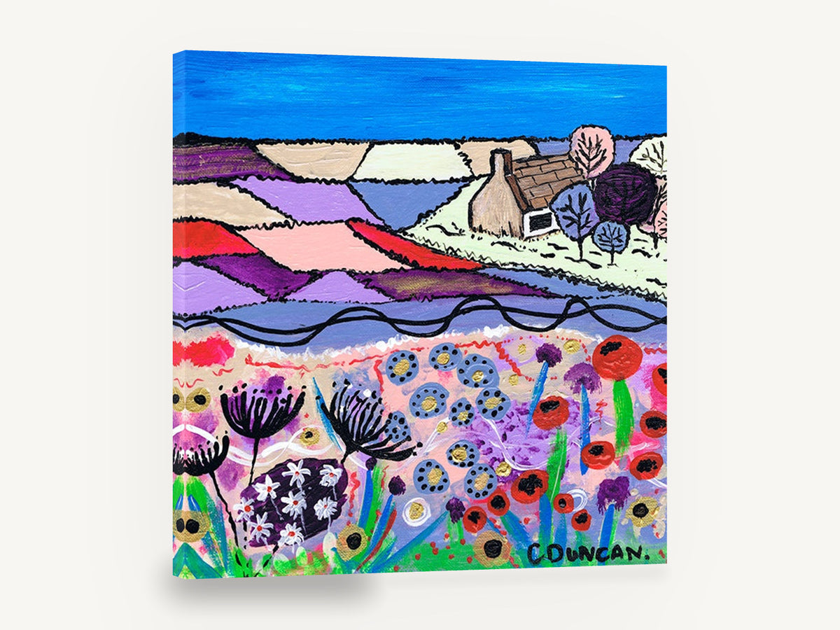 Cottage Above Poppy Meadow, colourful folk art countryside cottage, landscape canvas wall art print ready to hang