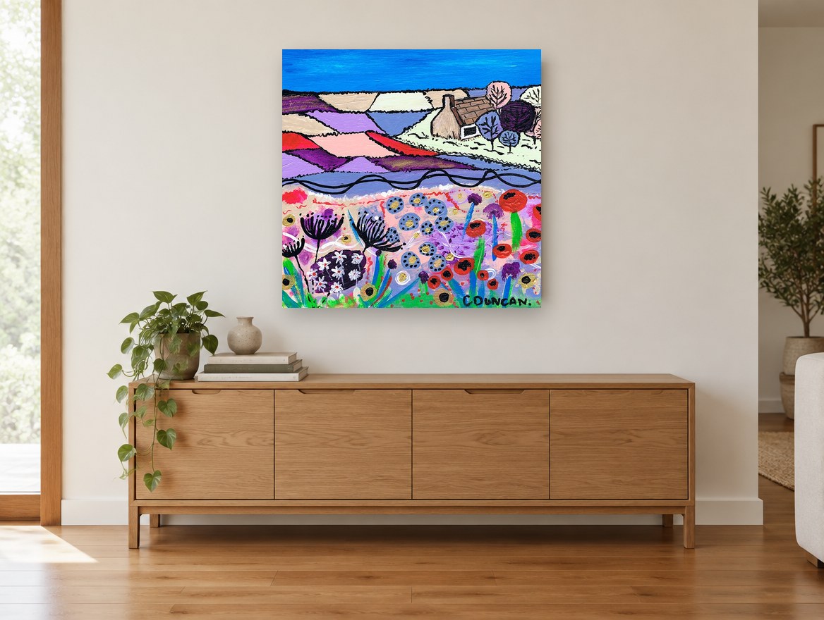 Cottage Above Poppy Meadow landscape canvas print on the wall of a living room above a sideboard