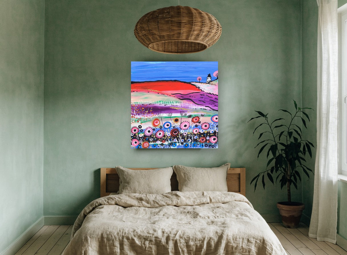 Poppy Hill Cottage landscape canvas print on the wall of a bedroom