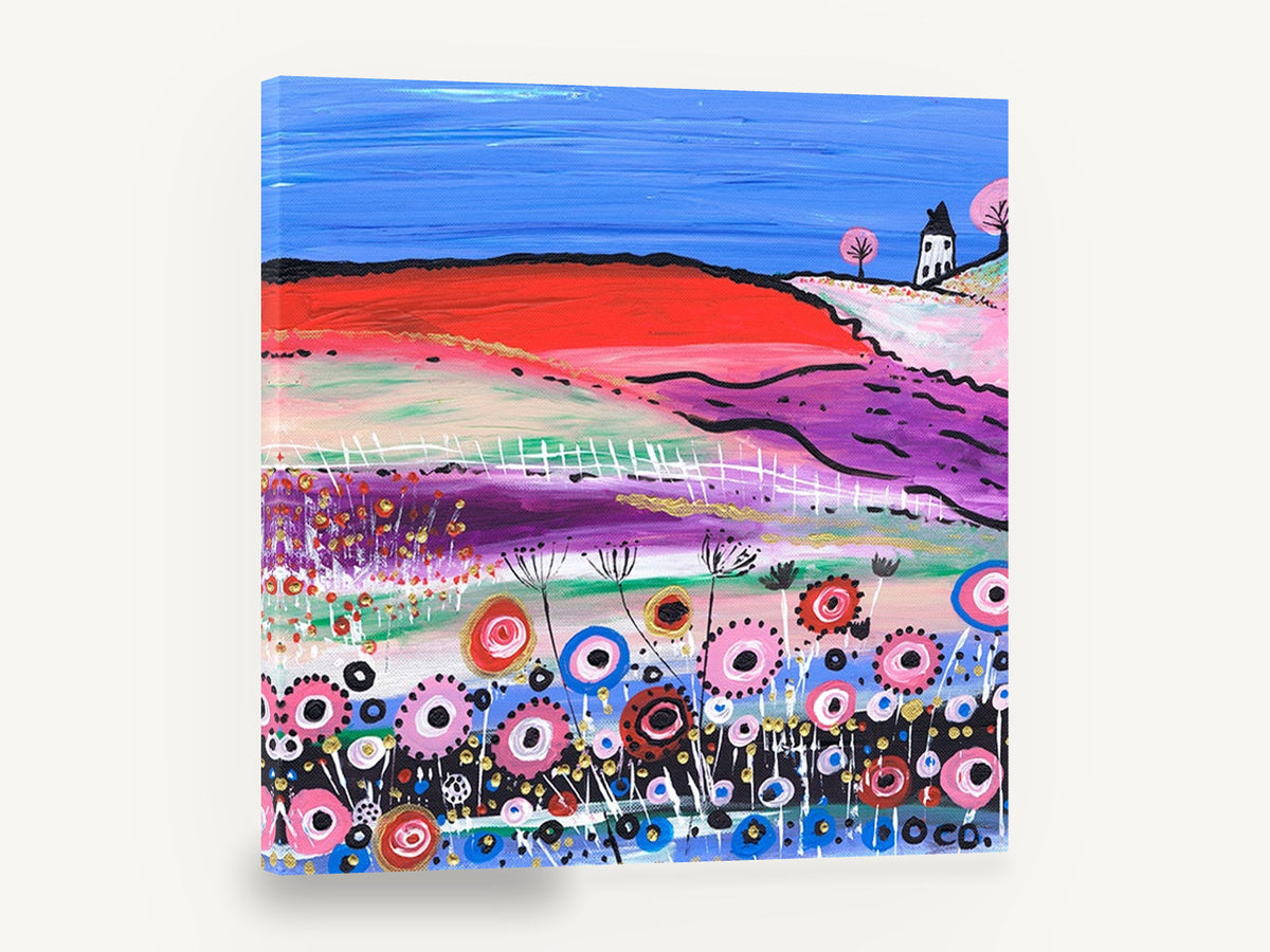 Poppy Hill Cottage, colourful folk art countryside landscape, landscape canvas wall art print ready to hang