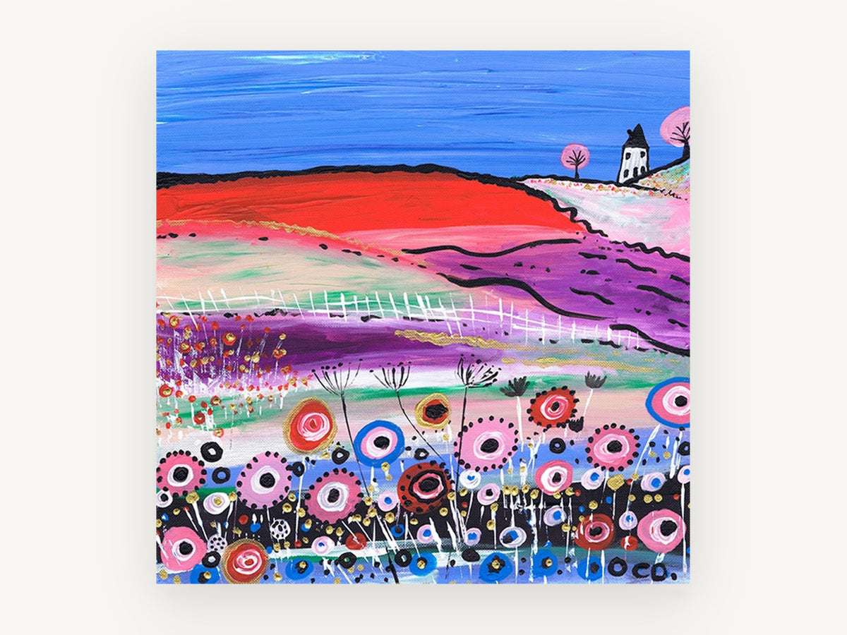 Poppy Hill Cottage, colourful folk art countryside landscape, landscape canvas wall art print, front view