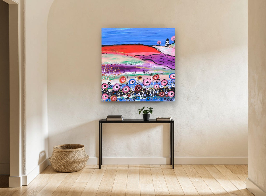 Poppy Hill Cottage landscape canvas print on the wall of a hallway