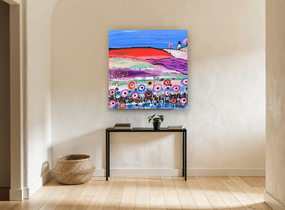 Poppy Hill Cottage landscape canvas print on the wall of a hallway