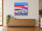 Poppy Hill Cottage landscape canvas print on the wall of a living room above a sideboard