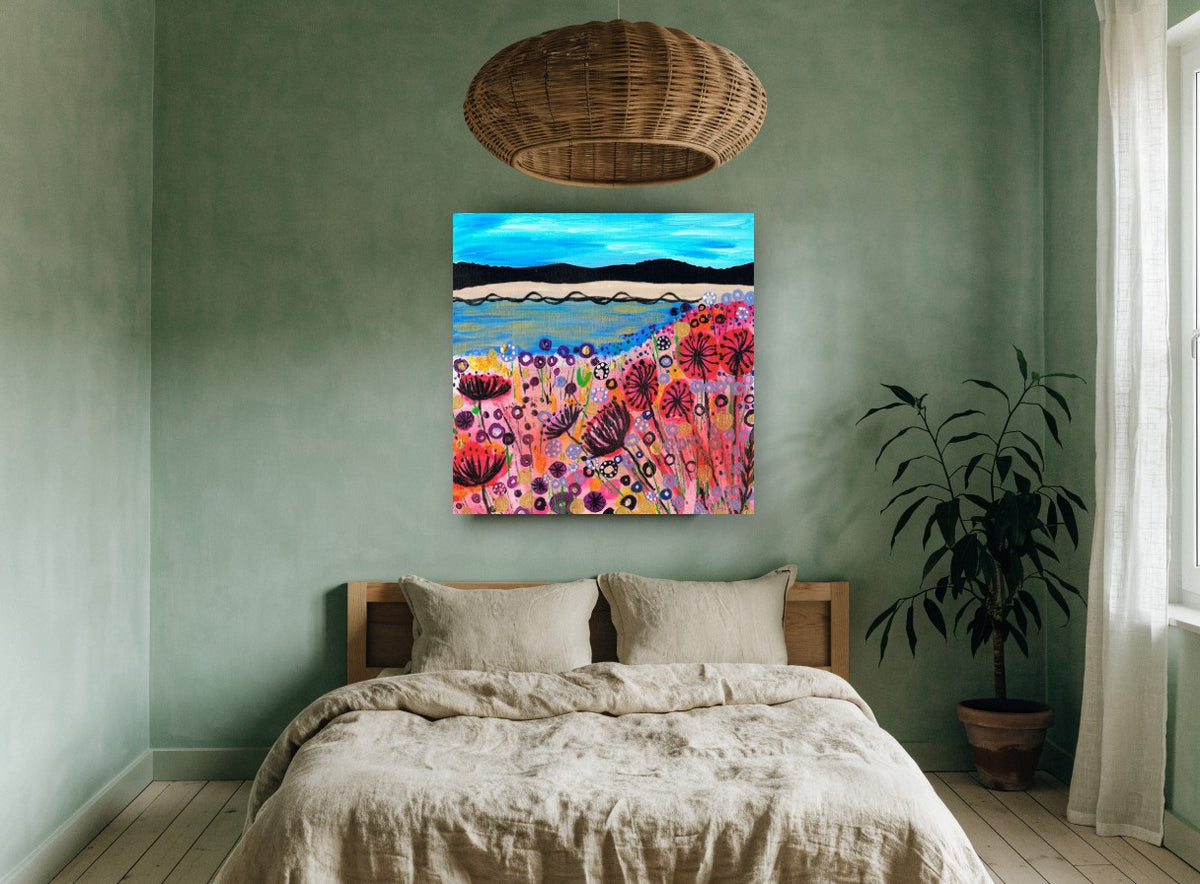 Poppy Shore Meadow coastal canvas print on the wall of a bedroom
