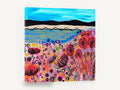 Poppy Shore Meadow, colourful beach flowers folk art seascape, coastal canvas wall art print ready to hang