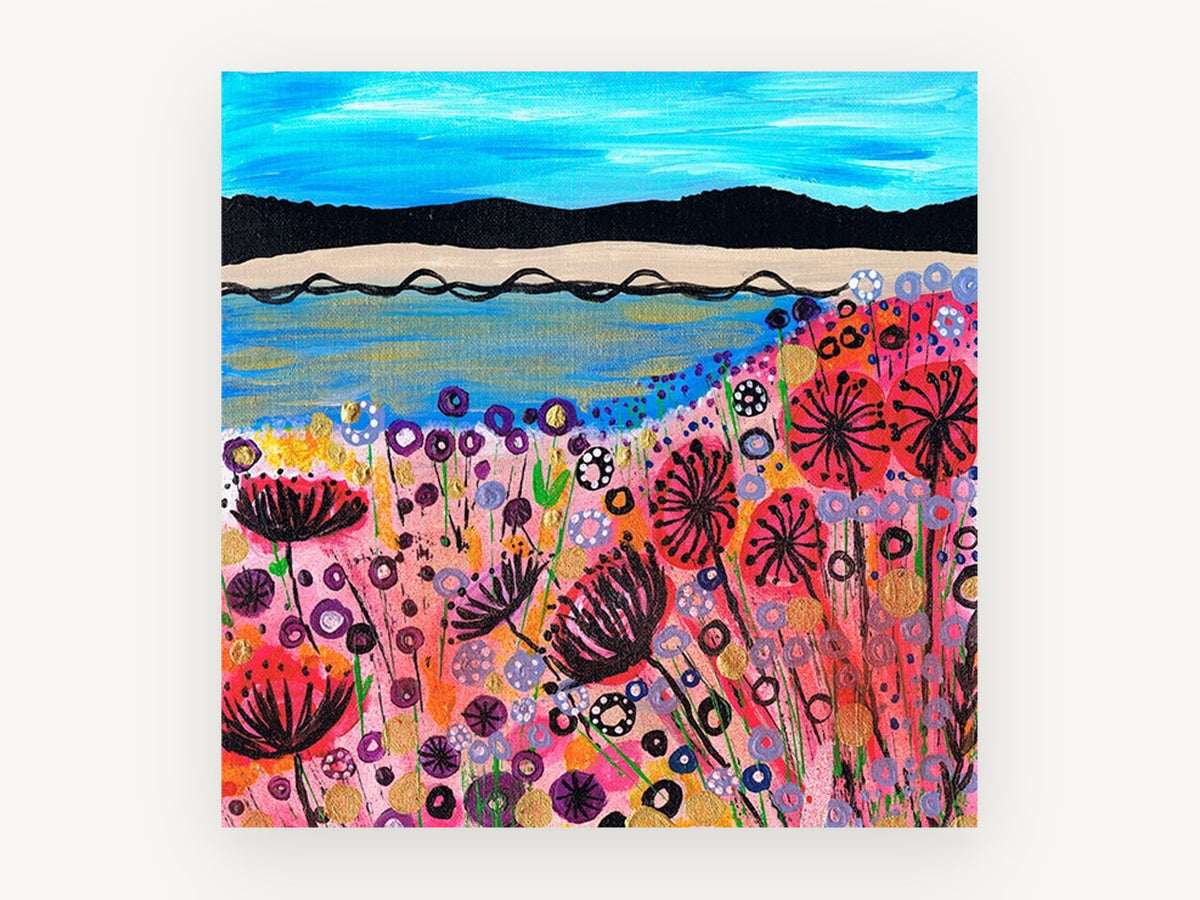 Poppy Shore Meadow, coastal canvas wall art print, front view