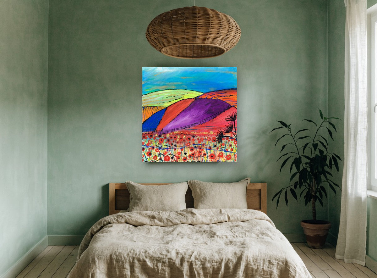 Poppy Field Hills landscape canvas print on the wall of a bedroom