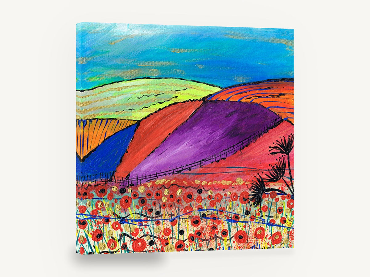 Poppy Field Hills, colourful poppy field hills painting, landscape canvas wall art print ready to hang