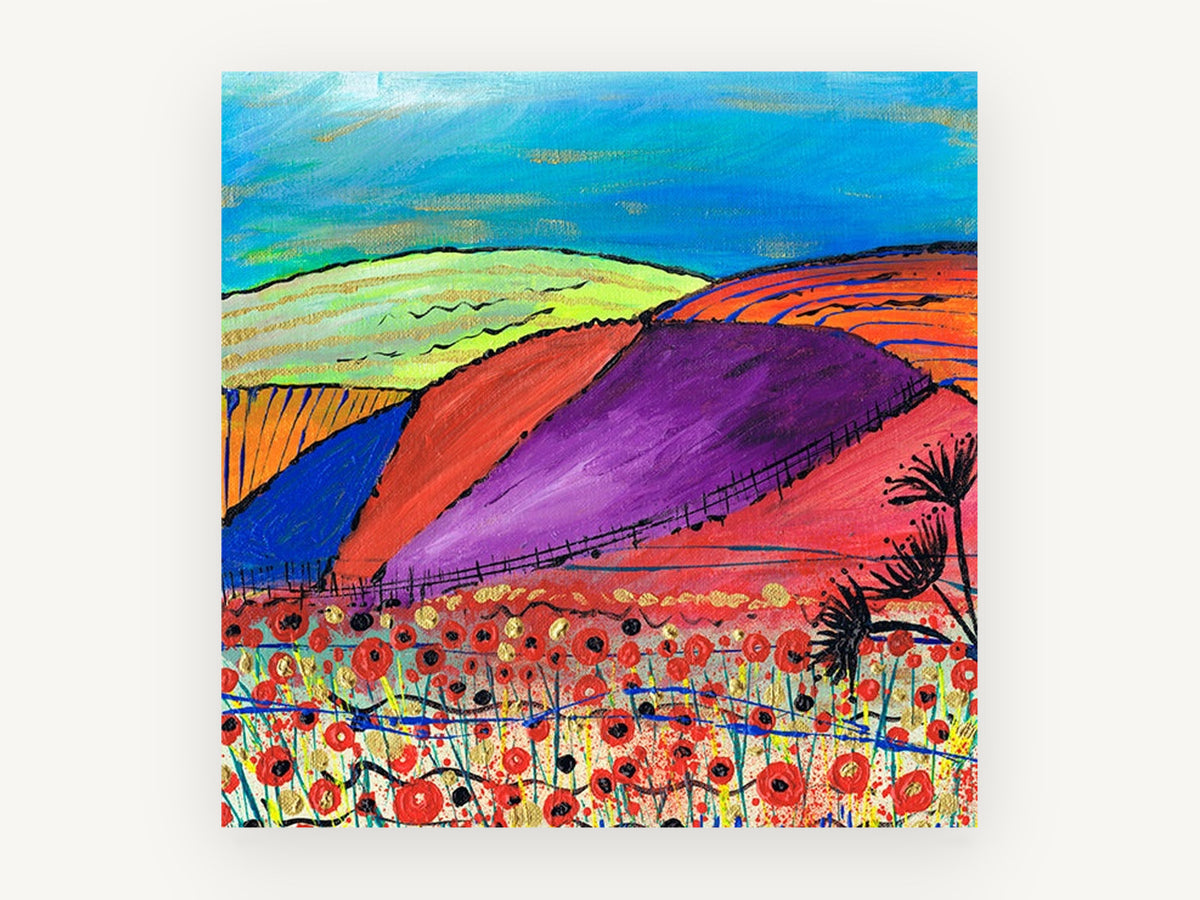 Poppy Field Hills, colourful poppy field hills painting, landscape canvas wall art print, front view