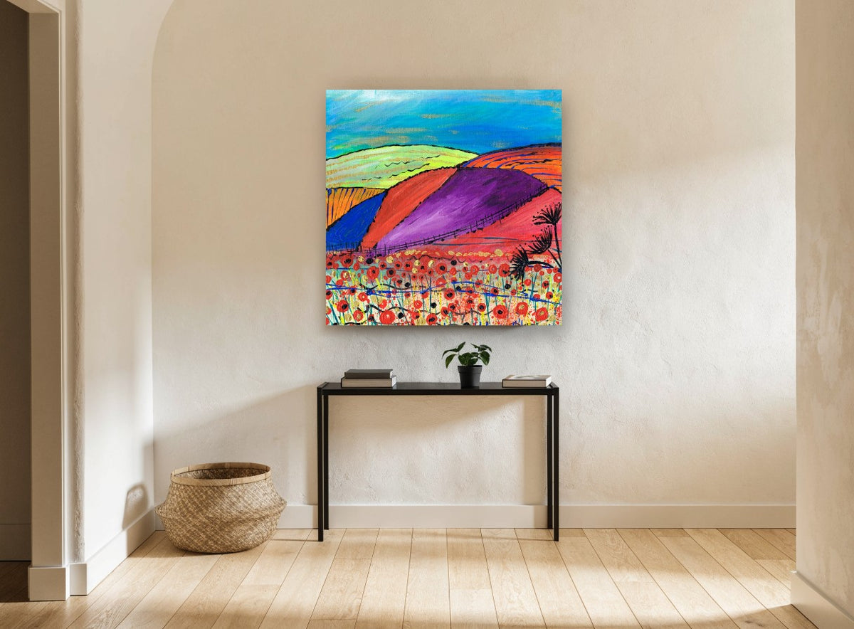 Poppy Field Hills landscape canvas print on the wall of a hallway