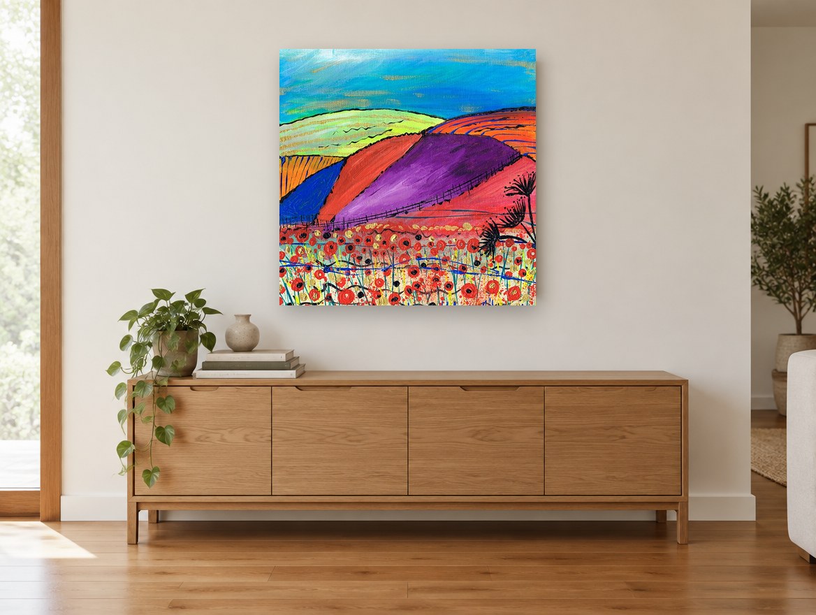 Poppy Field Hills landscape canvas print on the wall of a living room above a sideboard