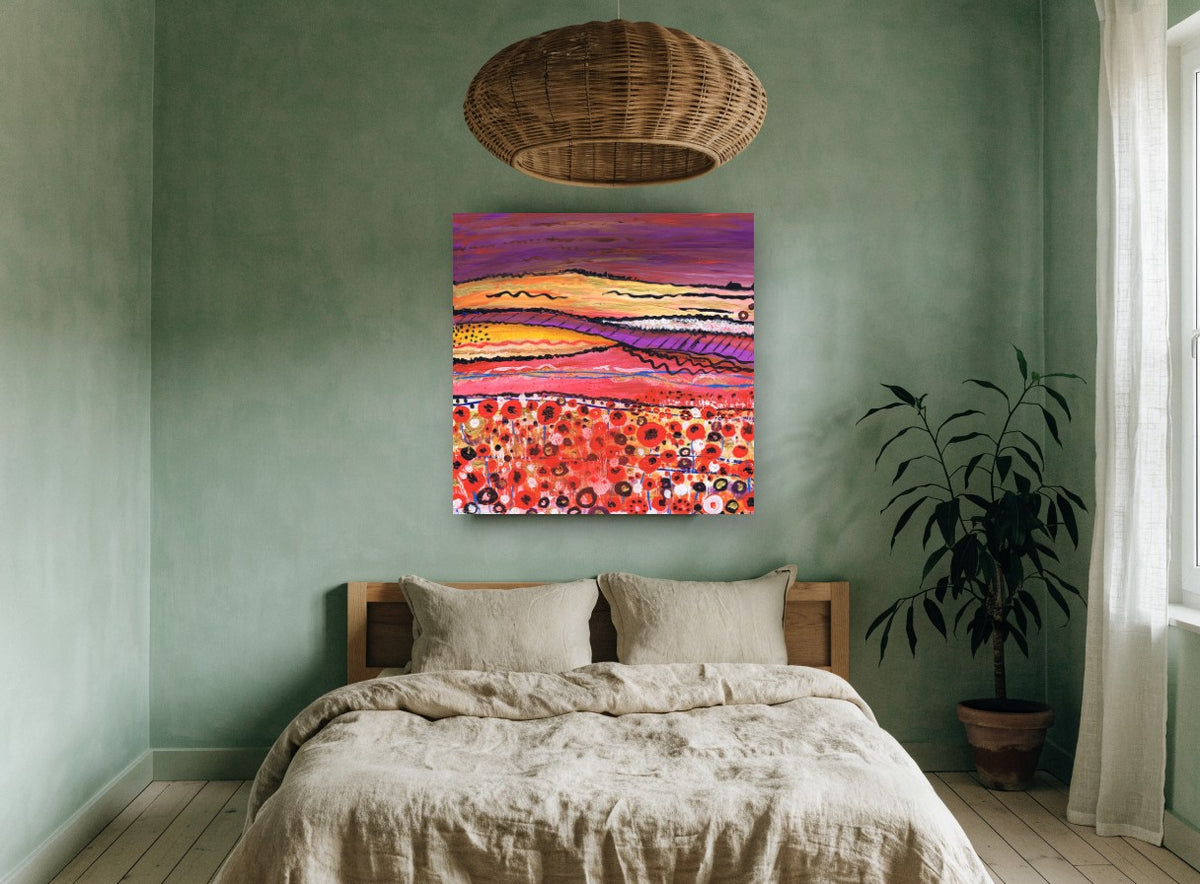Poppy Field Haze landscape canvas print on the wall of a bedroom