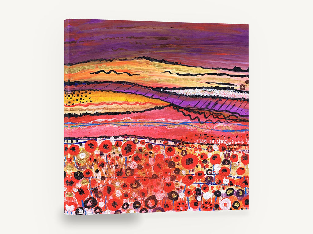 Poppy Field Haze, red poppy field abstract landscape, landscape canvas wall art print ready to hang