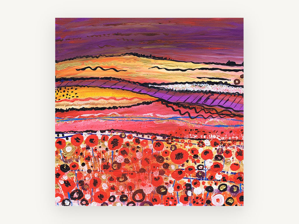 Poppy Field Haze, red poppy field abstract landscape, landscape canvas wall art print, front view