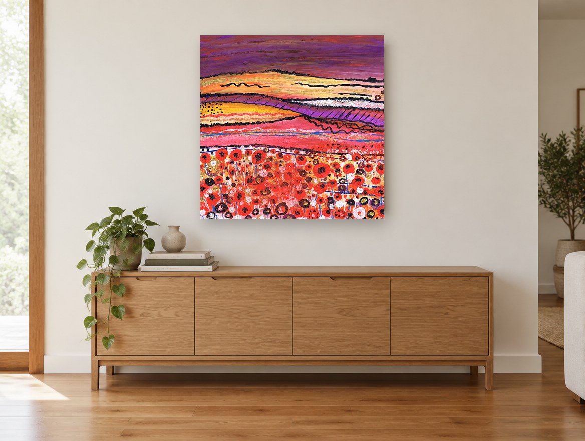 Poppy Field Haze landscape canvas print on the wall of a living room above a sideboard