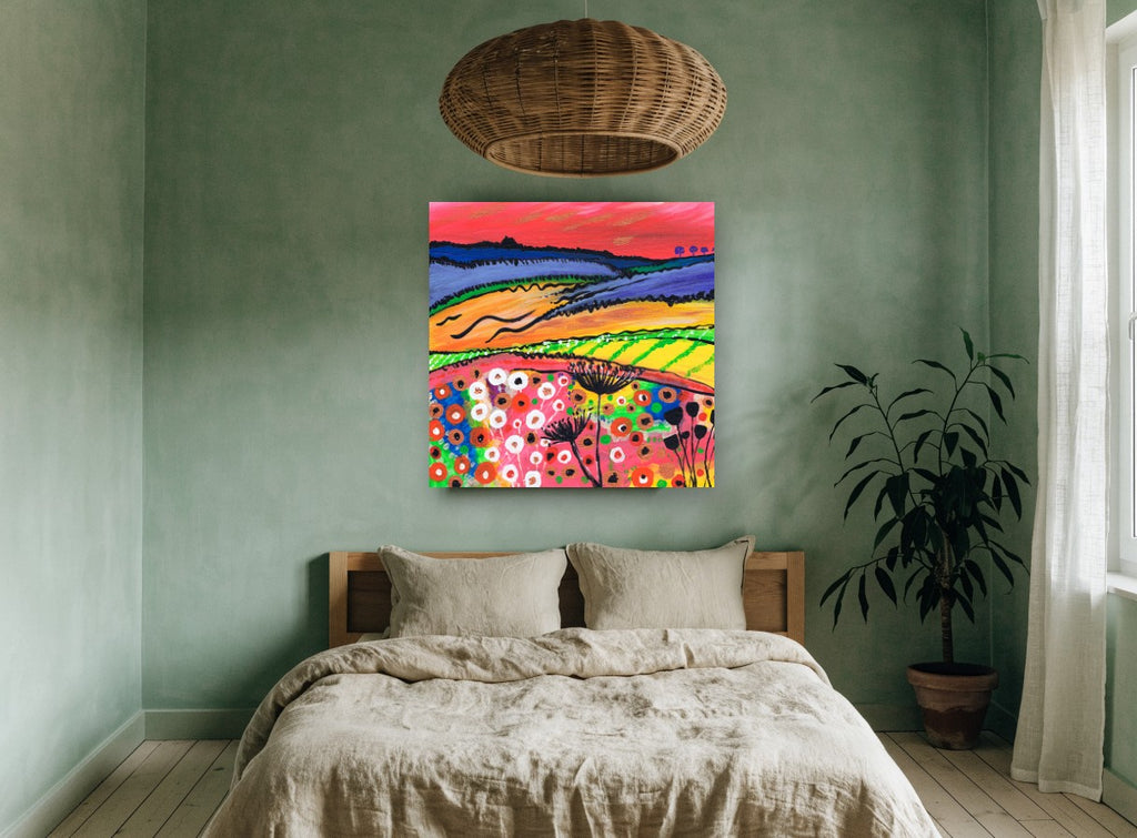Crimson Sky Meadow landscape canvas print on the wall of a bedroom