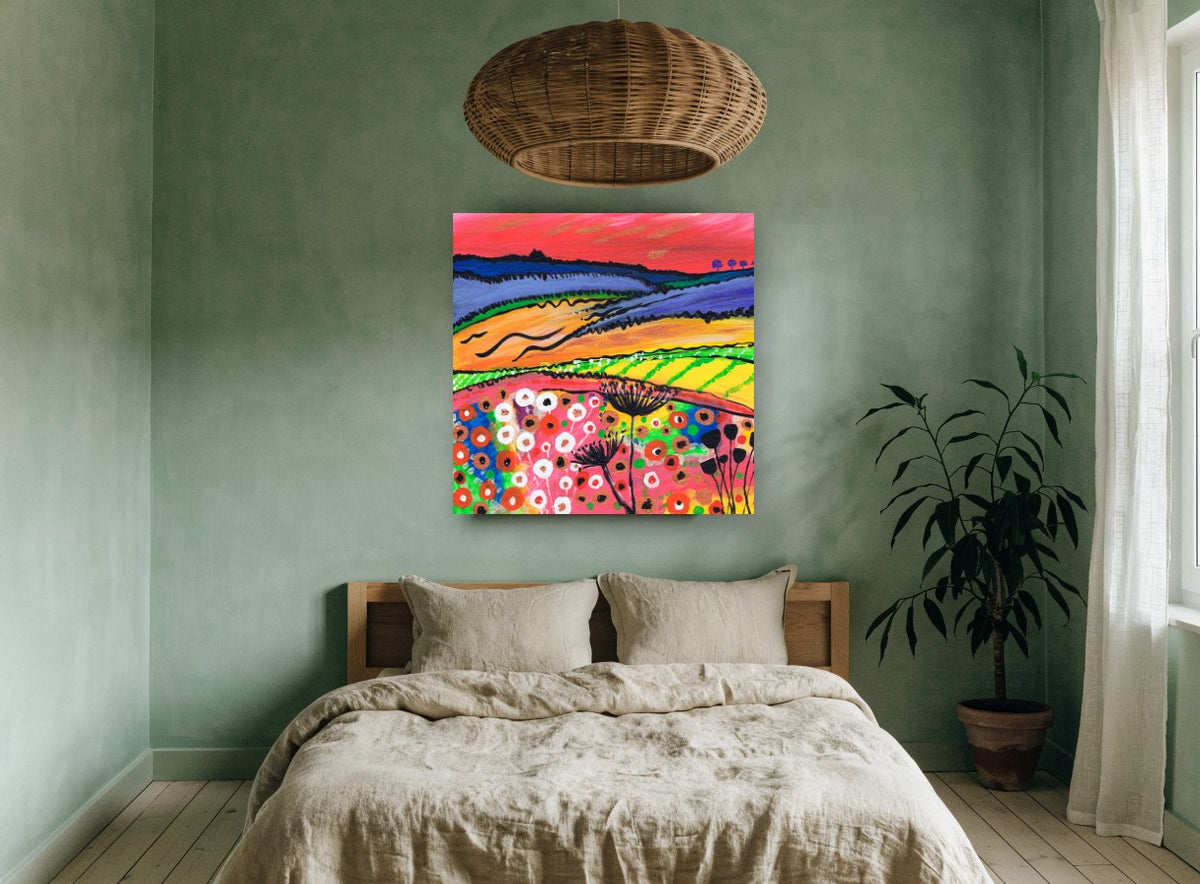 Crimson Sky Meadow landscape canvas print on the wall of a bedroom