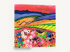 Crimson Sky Meadow, colourful red sky countryside painting, landscape canvas wall art print ready to hang