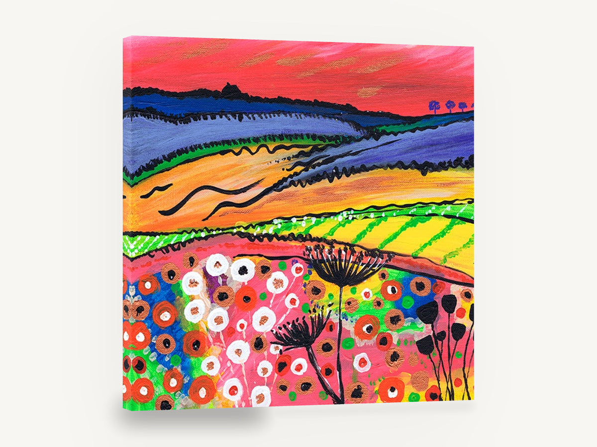 Crimson Sky Meadow, colourful red sky countryside painting, landscape canvas wall art print ready to hang