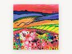 Crimson Sky Meadow, colourful red sky countryside painting, landscape canvas wall art print, front view