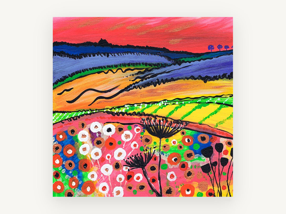 Crimson Sky Meadow, colourful red sky countryside painting, landscape canvas wall art print, front view