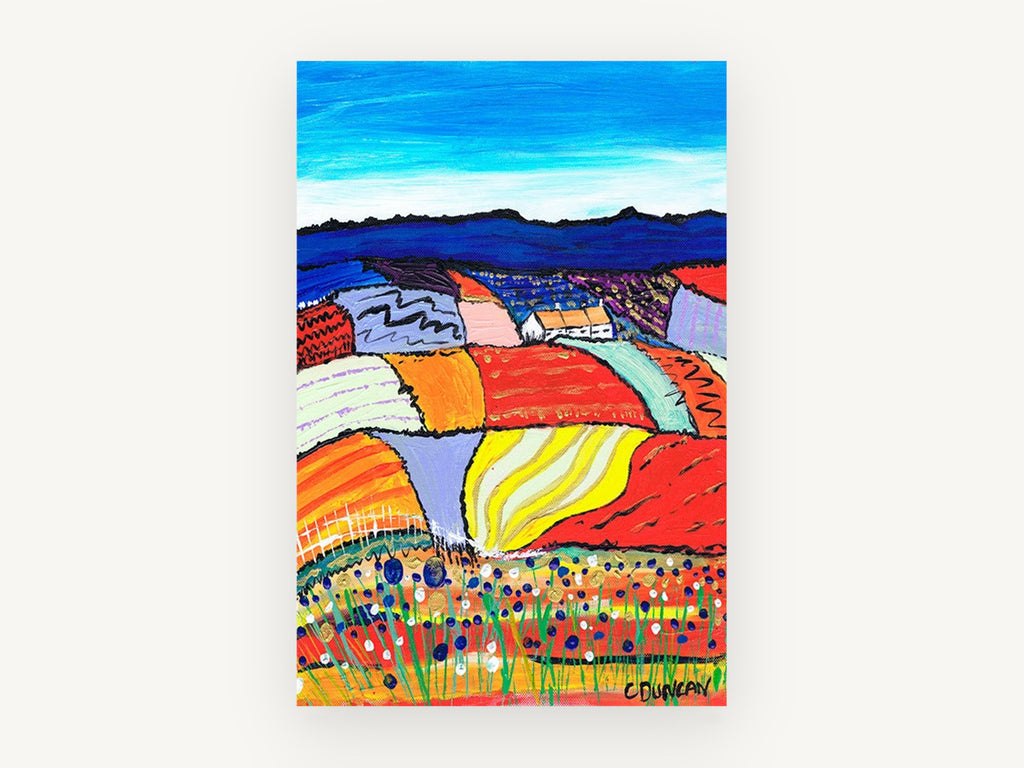 Patchwork Hills Bloom, colourful patchwork fields countryside painting, landscape canvas wall art print, front view
