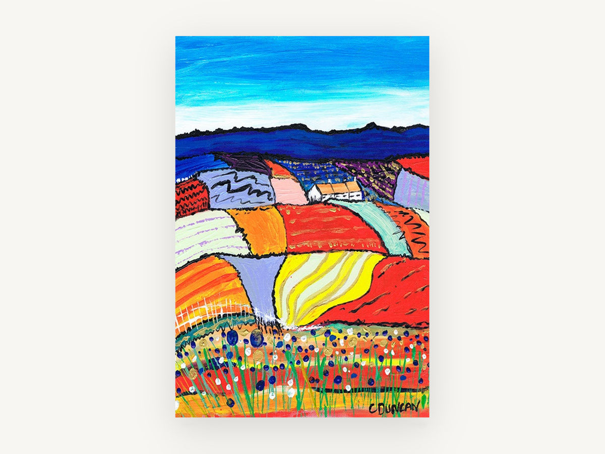 Patchwork Hills Bloom, colourful patchwork fields countryside painting, landscape canvas wall art print, front view