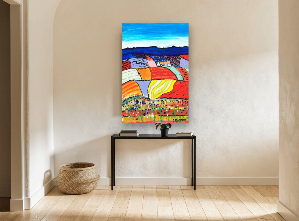 Patchwork Hills Bloom landscape canvas print on the wall of a hallway