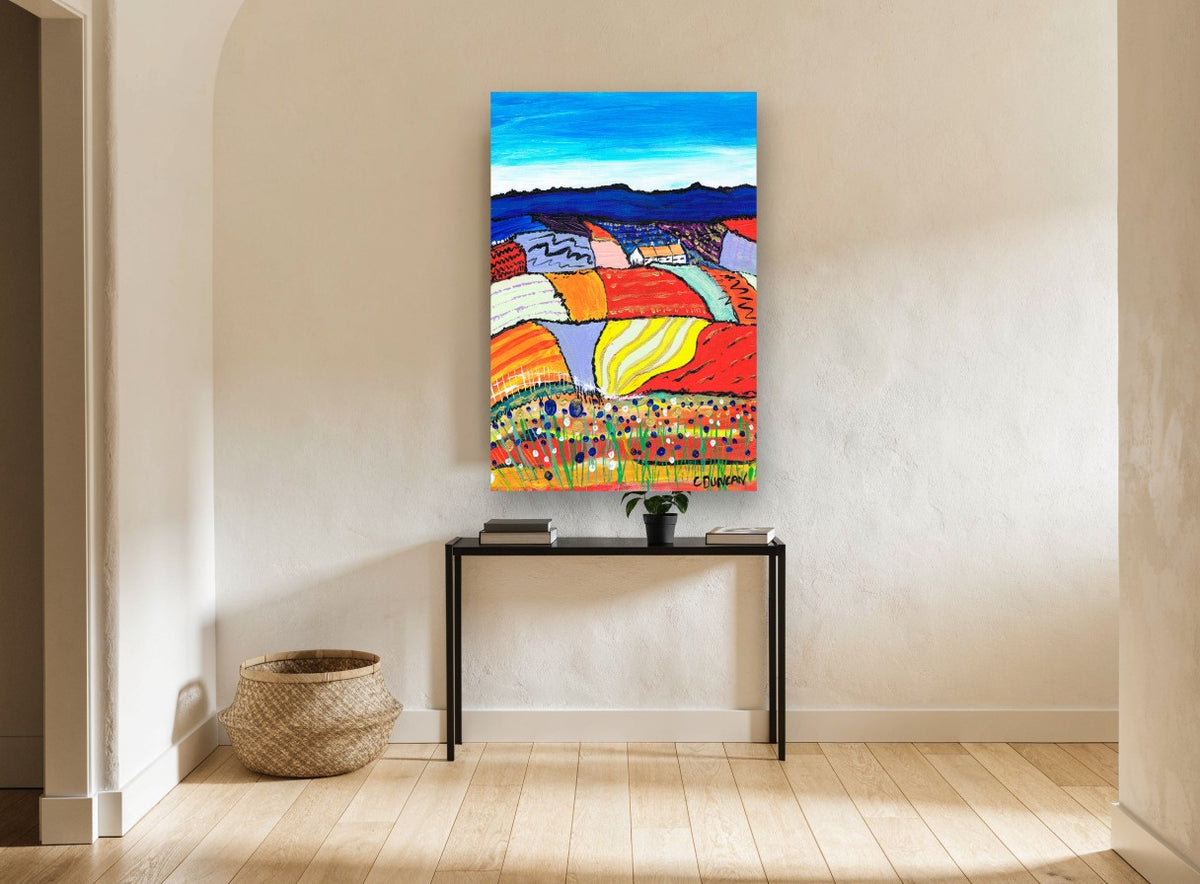Patchwork Hills Bloom landscape canvas print on the wall of a hallway