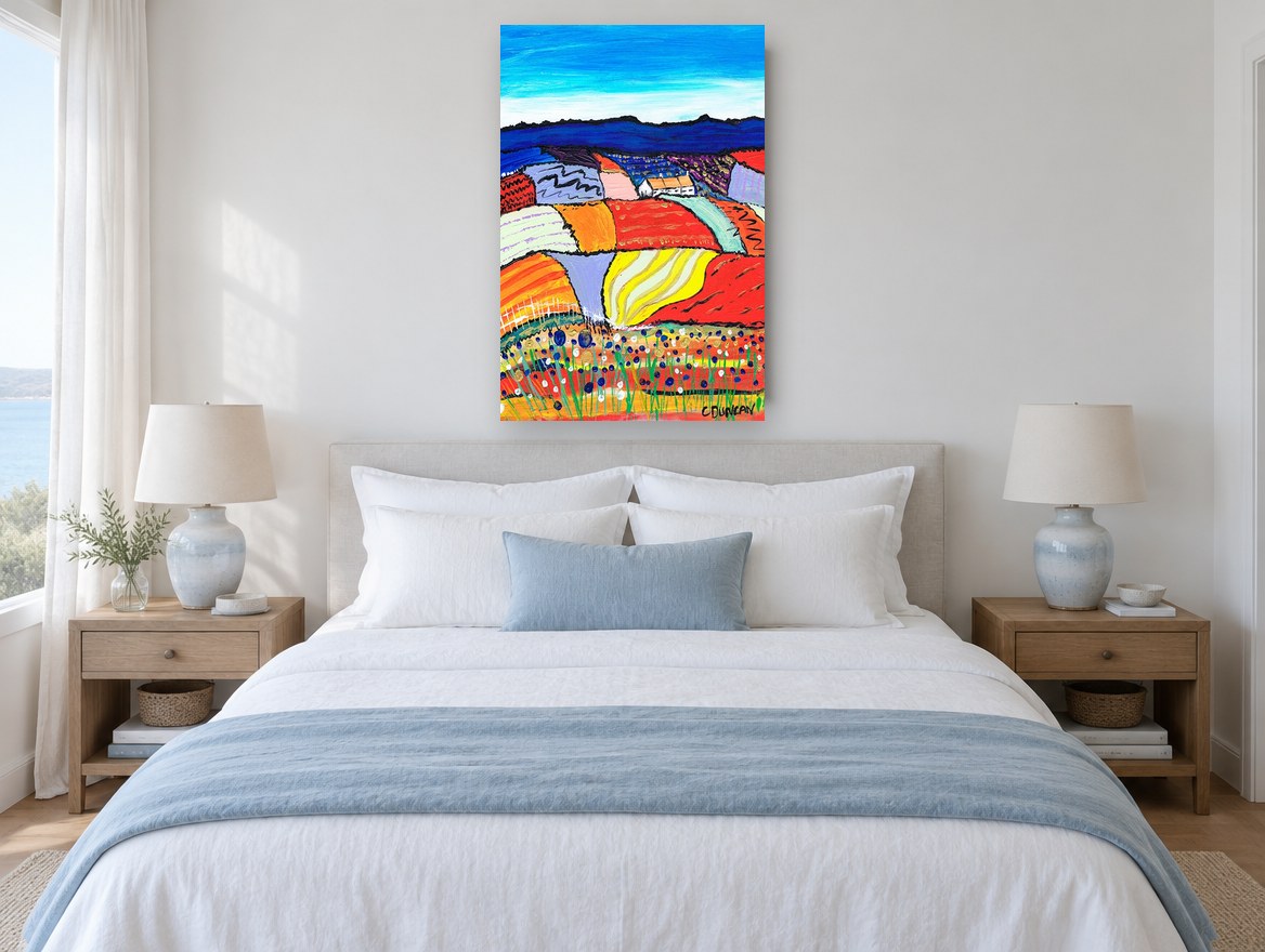 Patchwork Hills Bloom landscape canvas print on the wall of a bedroom
