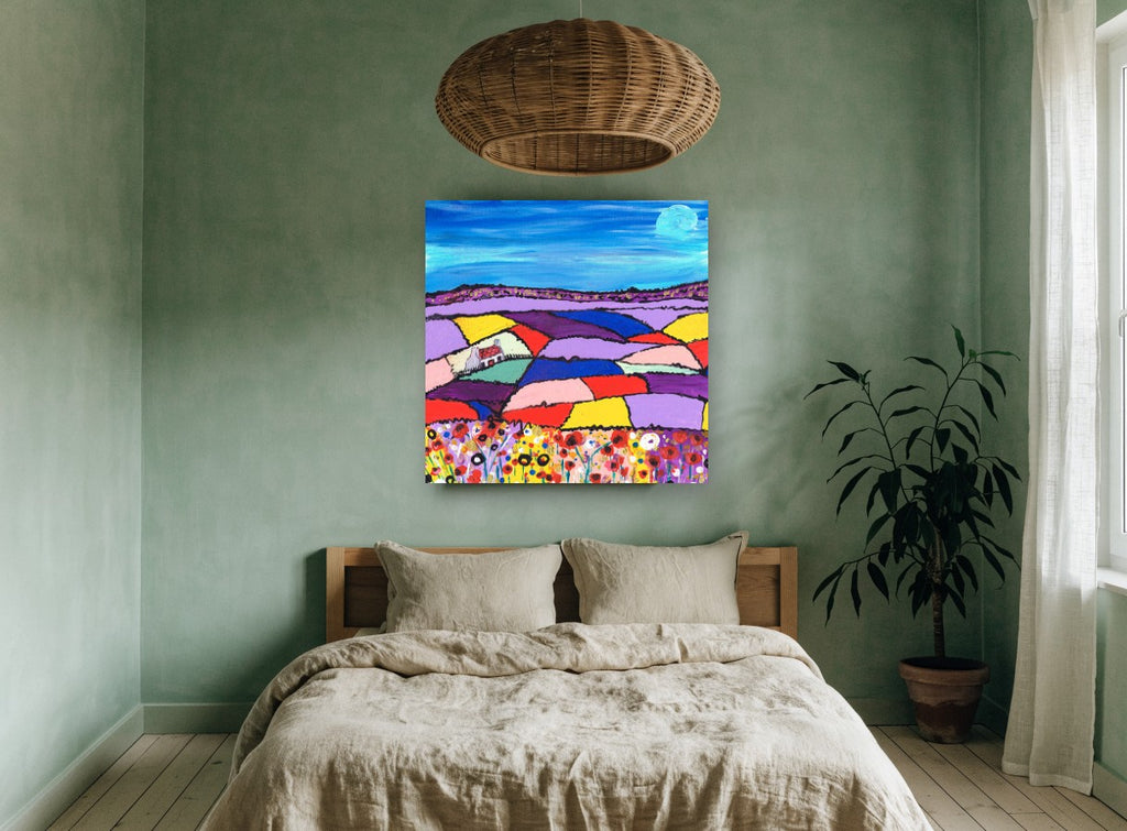 Patchwork Fields Cottage landscape canvas print on the wall of a bedroom