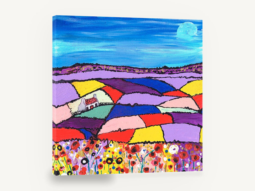 Patchwork Fields Cottage, colourful patchwork fields cottage painting, landscape canvas wall art print ready to hang