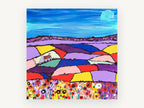 Patchwork Fields Cottage, colourful patchwork fields cottage painting, landscape canvas wall art print, front view