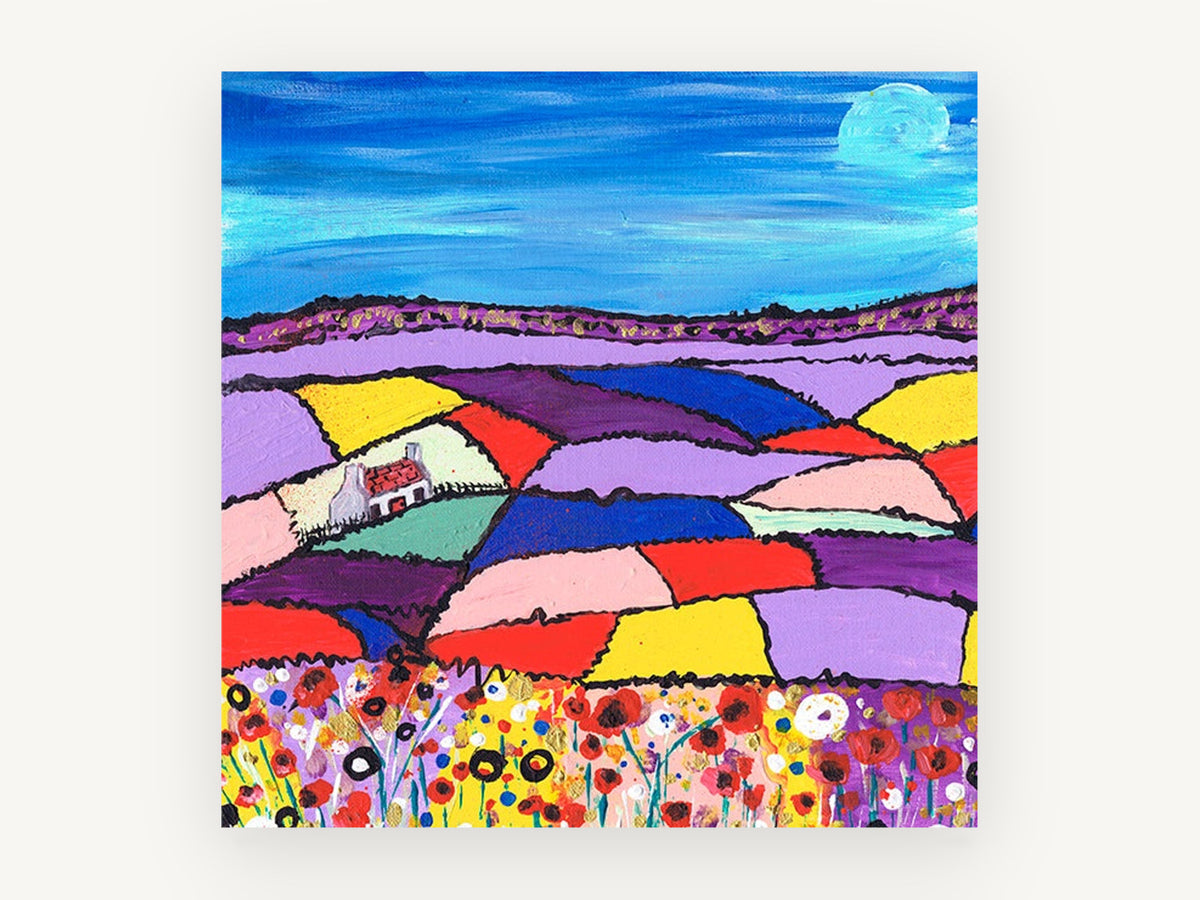 Patchwork Fields Cottage, colourful patchwork fields cottage painting, landscape canvas wall art print, front view